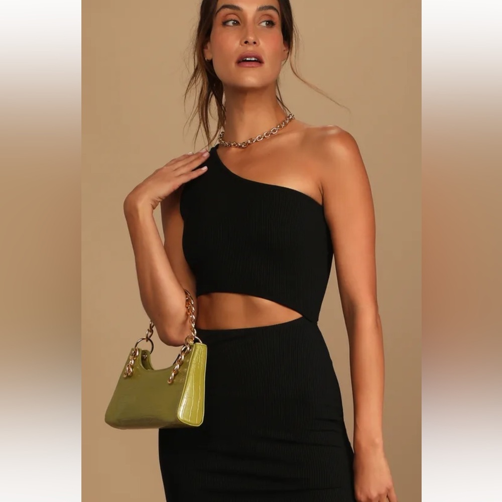 Spice Things Up Black Ribbed One-Shoulder Cutout Midi Dress Sz: XS - Picture 3 of 11
